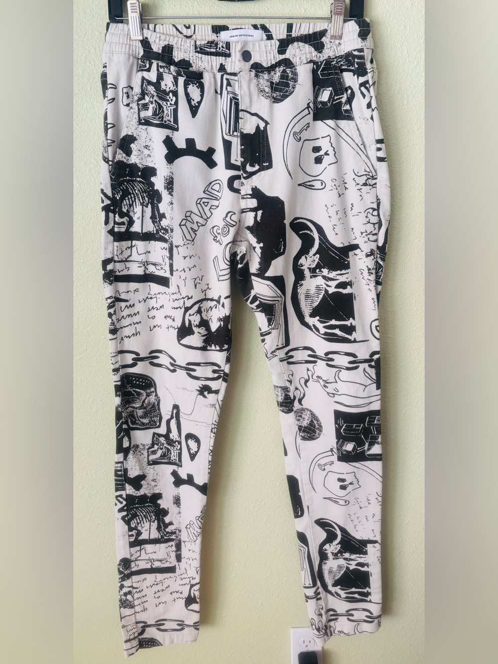 Urban Outfitters Drawstring Graffiti Cream & Black Jeans Size: Medium